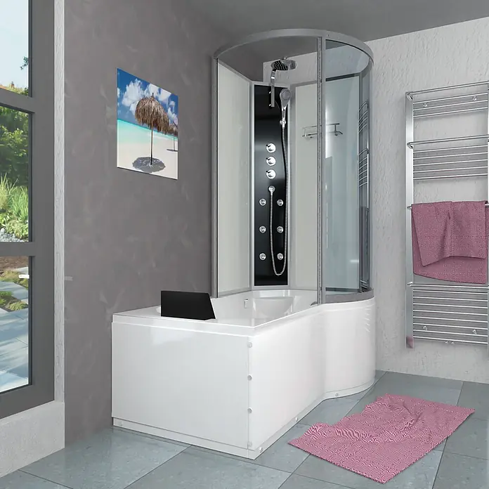 AcquaVapore Komplettdusche Fertigdusche K50-L02 - Weiß - Weiße Eckbadewanne mit integrierter Duschkabine, schwarzem Duschpaneel und Massagedüsen.