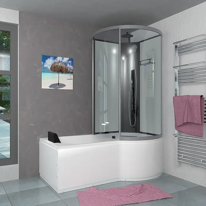 AcquaVapore Komplettdusche Fertigdusche K50-L02 - Weiß - Weiße Eckbadewanne mit integrierter Glasduschkabine in einem modernen Badezimmer.