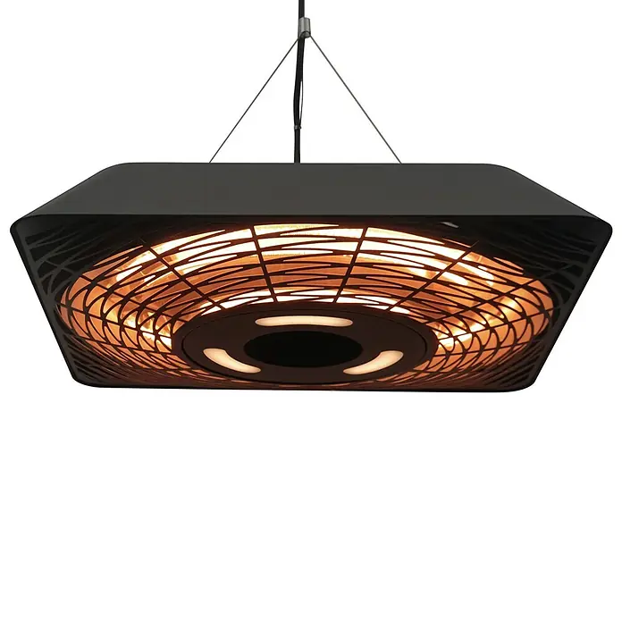 Outsunny Wärmewellenheizung - 800 W, Schwarz - Quadratischer, schwarzer Hänge-Infrarotheizstrahler mit beleuchtetem Gitter und drei mittigen Lichtkreisen.
