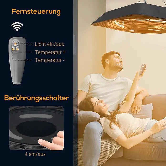 Outsunny Wärmewellenheizung - 800 W, Schwarz - Deckenventilator mit Lichtfunktion, gesteuert über eine Fernbedienung und einen Berührungsschalter, im Einsatz in einem Wohnzimmer.