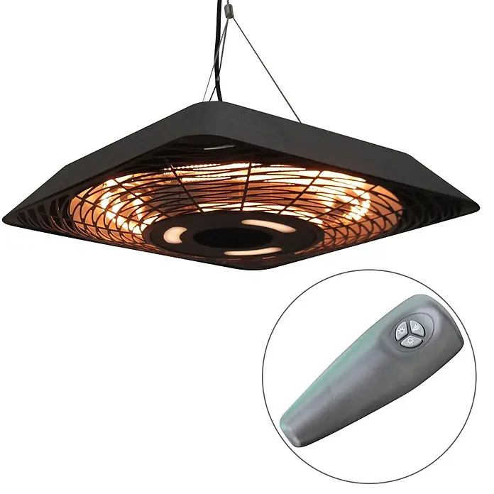 Outsunny Wärmewellenheizung - 800 W, Schwarz - Schwarzer quadratischer Hänge-Heizstrahler mit glühenden Elementen und grauer Fernbedienung.
