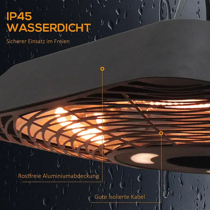 Outsunny Wärmewellenheizung - 800 W, Schwarz - Dunkelgrauer IP45 wasserdichter Außenheizer mit glühenden Elementen und einem kunstvollen Aluminiumgitter, mit Wassertropfen für sicheren Außeneinsatz.