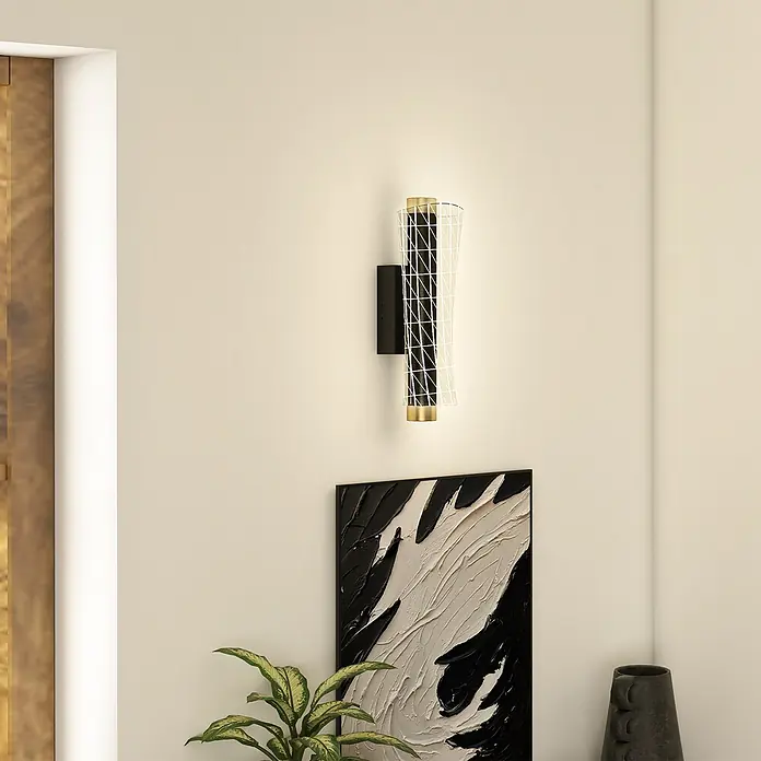 Homcom LED-Wandleuchte - 9 W, Schwarz, Schwarz - Moderne schwarz-goldene Wandleuchte mit weißem Gitter-Schirm.