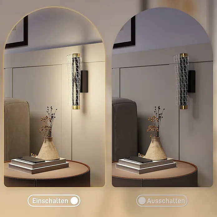 Homcom LED-Wandleuchte - 9 W, Schwarz, Schwarz - Schwarze und goldene Wandleuchte mit weißem Gittergeflecht, im Schlafzimmer ein- (links) und ausgeschaltet (rechts).