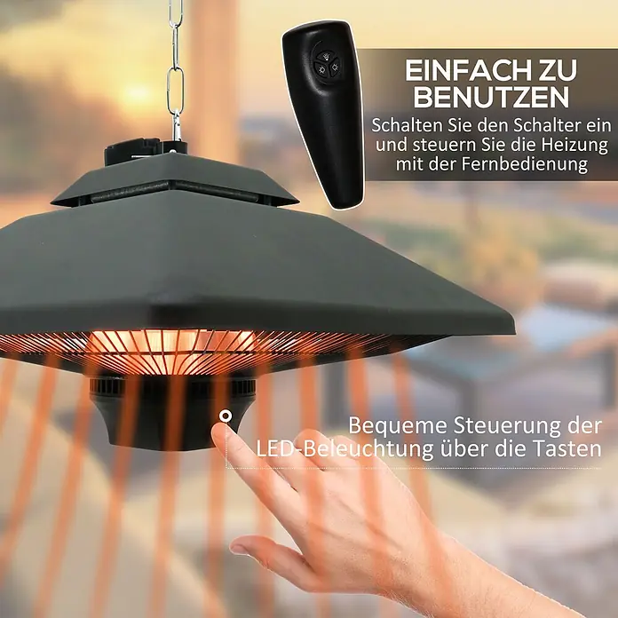 Outsunny Wärmewellenheizung - 2.000 W, Schwarz - Schwarzer Hänge-Terrassenheizer mit glühendem Infrarotelement, gezeigt mit Fernbedienung für Heizung und Finger an Taste für LED-Lichtsteuerung.