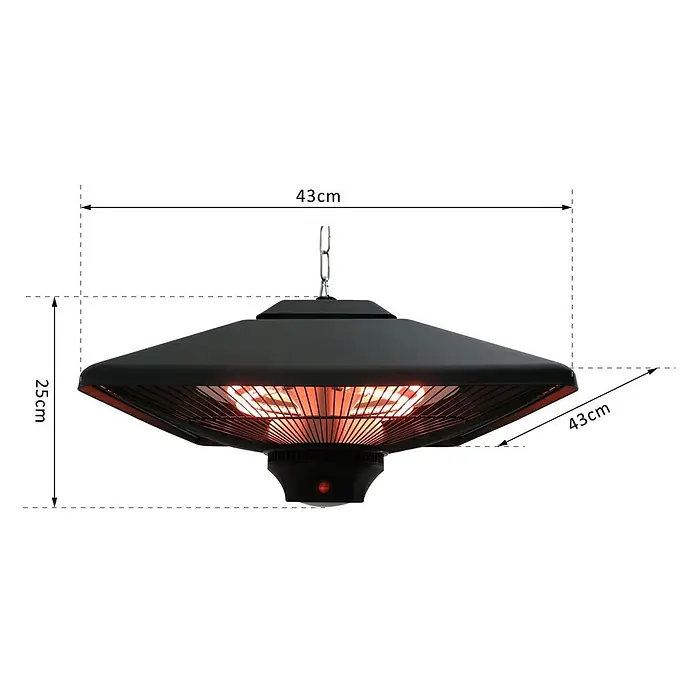 Outsunny Wärmewellenheizung - 2.000 W, Schwarz - Schwarzer Hänge-Heizstrahler mit glühenden roten Elementen, 43 cm breit und 25 cm hoch.