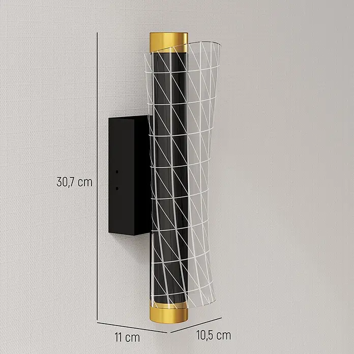 Homcom LED-Wandleuchte - 9 W, Schwarz, Schwarz - Eine schwarz-goldene Wandleuchte mit klarem, zylindrischem Schirm und weißem Gittermuster, montiert auf schwarzem Sockel.