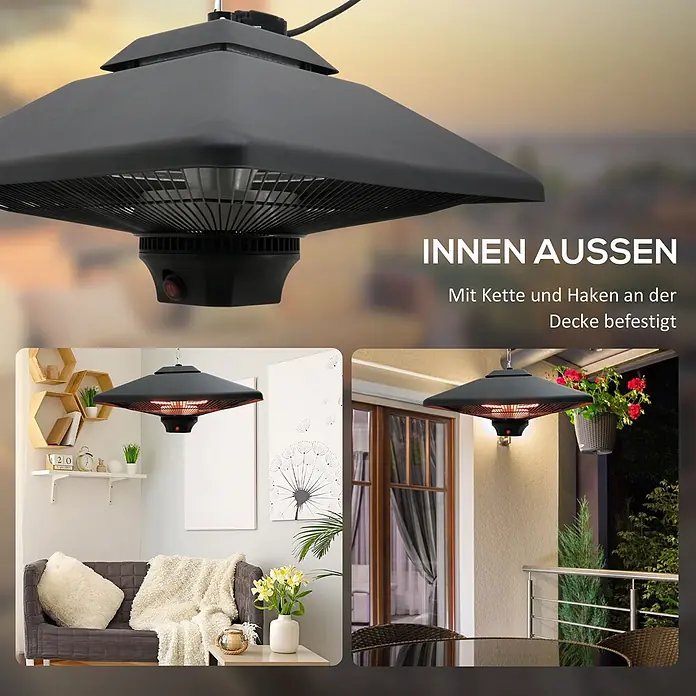 Outsunny Wärmewellenheizung - 2.000 W, Schwarz - Schwarzer, quadratischer Hänge-Heizstrahler mit rotem Schalter und glühendem Element, innen und auf einer Terrasse hängend gezeigt.