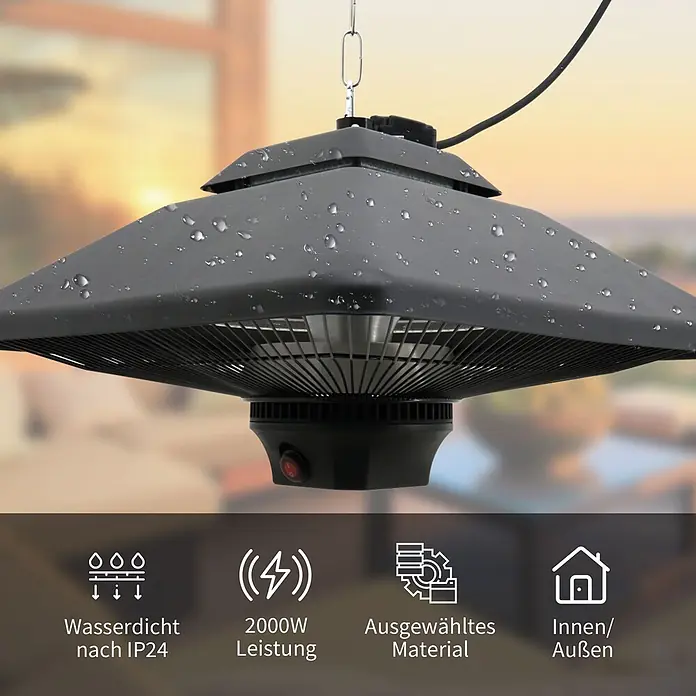 Outsunny Wärmewellenheizung - 2.000 W, Schwarz - Schwarzer Hänge-Heizstrahler mit Wassertropfen, für Innen- und Außenbereiche geeignet.