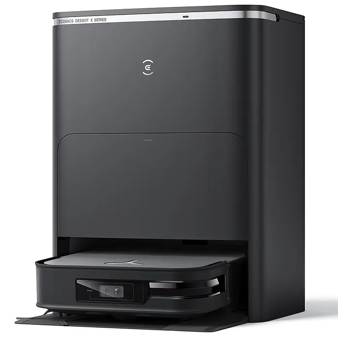 Ecovacs Saugwischroboter DEEBOT X2 OMNI -  - Dunkelgraue Roboterstaubsauger-Dockingstation mit teilweise ausgefahrenem Staubsauger und silbernem Akzent.