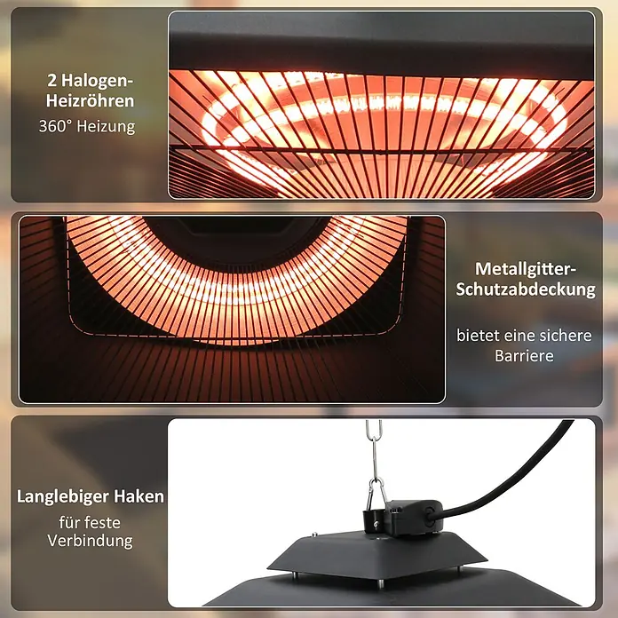 Outsunny Wärmewellenheizung - 2.000 W, Schwarz - Schwarzer Hänge-Heizstrahler mit zwei Halogen-Heizelementen, schützendem Metallgitter und robustem Aufhängehaken.