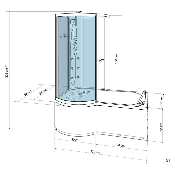 AcquaVapore Komplettdusche Fertigdusche K50-R00 - Weiß - Weiße Duschkabine mit integrierter Badewanne, transparentem Glas und Massagedüsen. Maße: 225x170x98 cm.