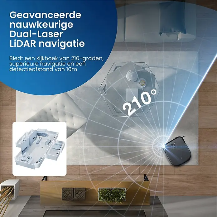 Ecovacs Saugwischroboter DEEBOT X2 OMNI -  - Dunkler Roboterstaubsauger mit fortschrittlicher Dual-Laser-LiDAR-Navigation, zeigt 210-Grad-Scan und 10m Reichweite im Wohnzimmer.