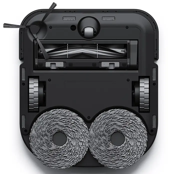 Ecovacs Saugwischroboter DEEBOT X2 OMNI -  - Unterseite eines dunkelgrauen Saugroboters mit Seitenbürsten, Hauptbürste, Rädern und zwei runden Wischpads.