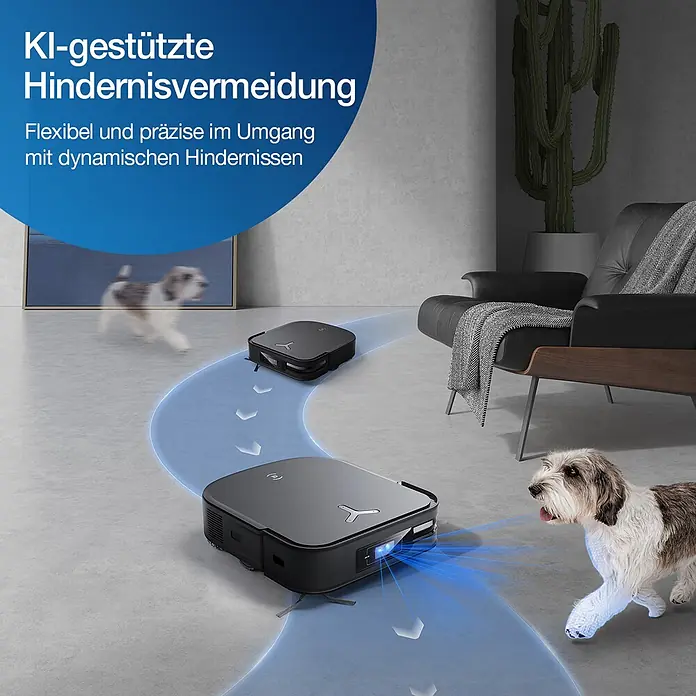 Ecovacs Saugwischroboter DEEBOT X2 OMNI -  - Schwarze Saugroboter mit KI-Hindernisvermeidung, navigieren geschickt um einen Hund im Haus.