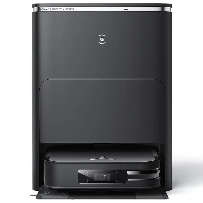 Ecovacs Saugwischroboter DEEBOT X2 OMNI -  - Dunkelgrauer Saugroboter in seiner schlanken, minimalistischen Station angedockt.