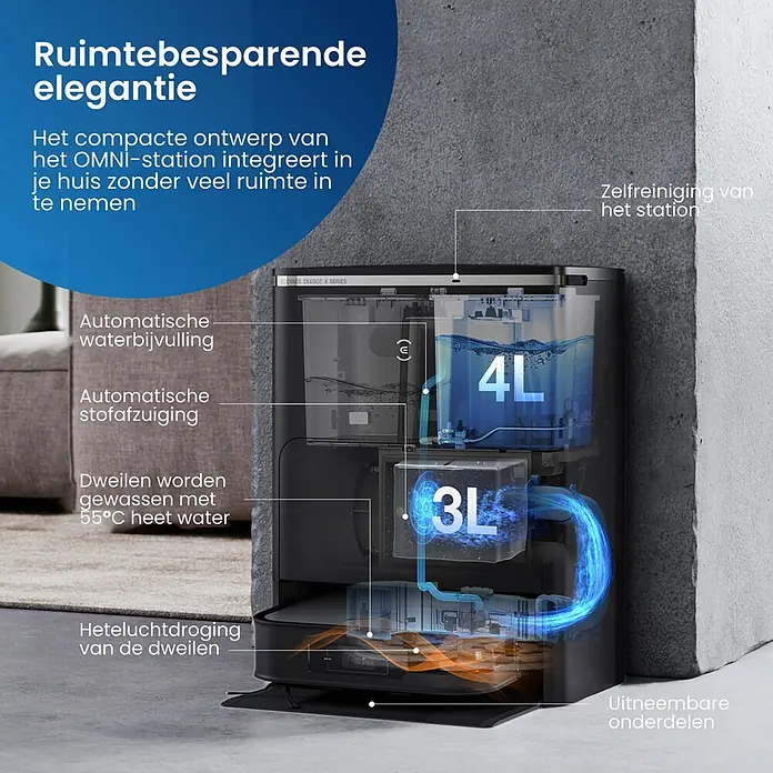 Ecovacs Saugwischroboter DEEBOT X2 OMNI -  - Schlanke schwarze Roboterstaubsauger-OMNI-Station, die automatische Wasserbefüllung, Staubabsaugung, Heißwischwasser und Heißlufttrocknung zeigt.