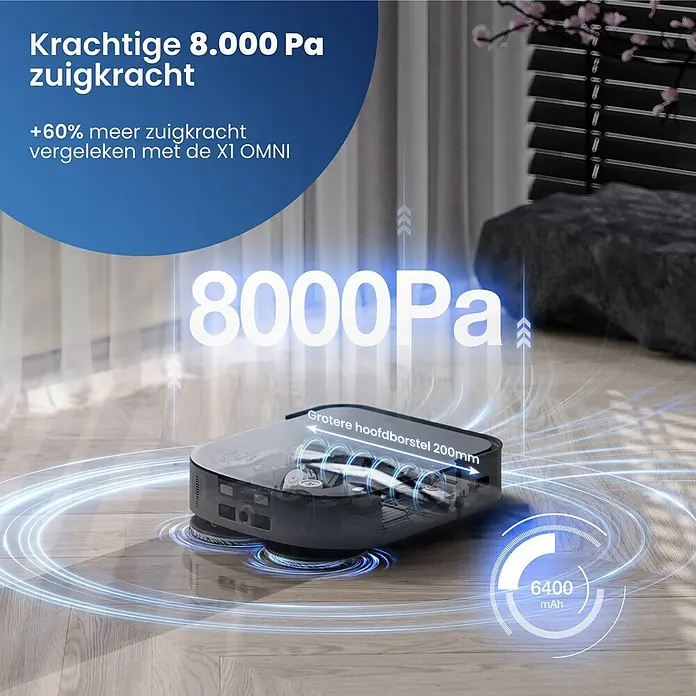 Ecovacs Saugwischroboter DEEBOT X2 OMNI -  - Grauer Roboterstaubsauger auf Holzboden, hebt 8000 Pa Saugleistung, 200mm Bürste und 6400 mAh Akku hervor.