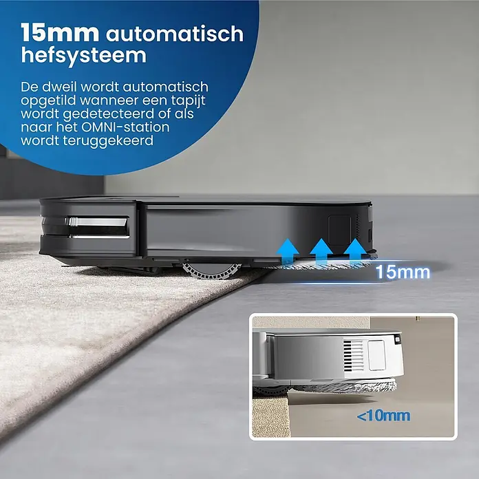 Ecovacs Saugwischroboter DEEBOT X2 OMNI -  - Dunkelgrauer Saugroboter mit 15mm Auto-Wischmopp-Anhebung für Teppiche, zeigt <10mm Randreinigung.