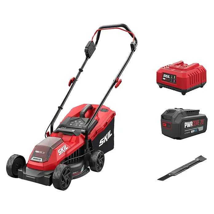 Skil Akku-Rasenmäher 0125AA - 20 V, 1 Akku, 4 Ah, Schnittbreite: 320 mm - Rot-schwarzer Akku-Rasenmäher mit Akku, Ladegerät und Ersatzklinge für kräftige Rasenpflege.