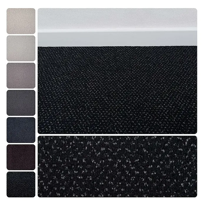 Bricoflor Teppichboden Meterware 7,5x4m, Velours gemustert, anthrazit schwarz - Velours, 100 % Polyamid (PA), anthrazit schwarz - Strukturierter, schwarz melierter Teppich, gezeigt mit Farbmuster und Nahaufnahme.