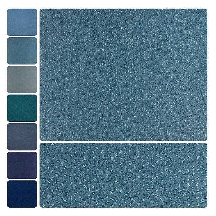 Bricoflor Teppichboden Meterware 5x4m, Velours gemustert, blau türkis - Velours, 100 % Polyamid (PA), blau türkis - Texturierte blaugrüne gesprenkelte Bodenmaterialprobe mit begleitenden Unifarben-Mustern.
