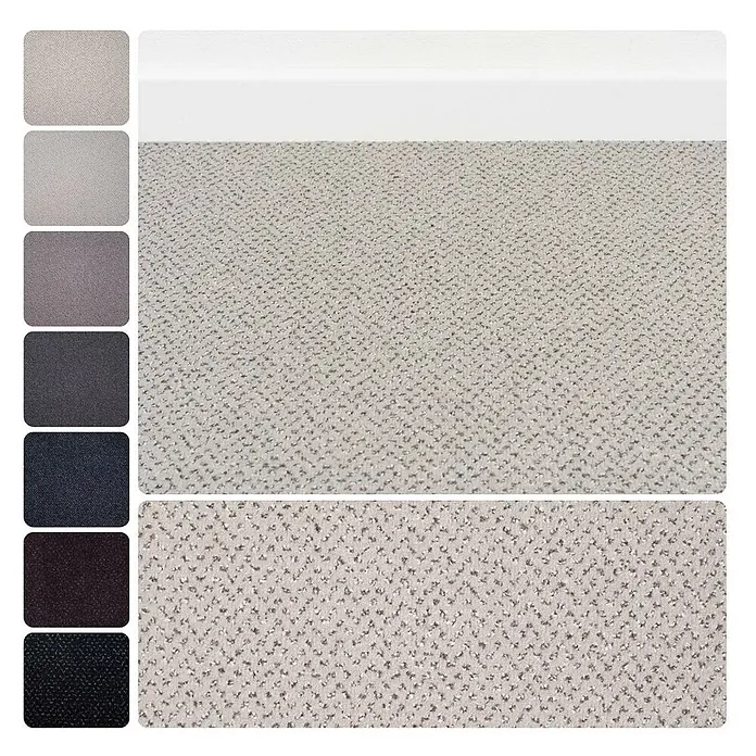 Bricoflor Teppichboden Meterware 6x4m, Velours gemustert, hell-grau - Velours, 100 % Polyamid (PA), hell-grau - Hellgrauer Teppich mit Textur und Farbmustern in verschiedenen Grau-, Schwarz- und Brauntönen.