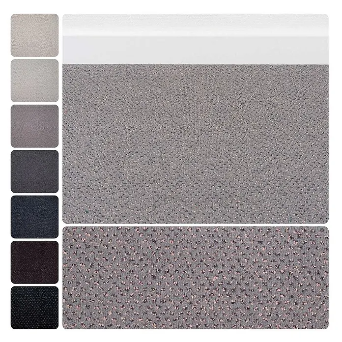 Bricoflor Teppichboden Meterware 2,5x4m, Velours gemustert, grau - Velours, 100 % Polyamid (PA), grau - Strukturierter grauer Stoff mit hellen Sprenkeln, dazu Farbmuster von hell bis dunkel.
