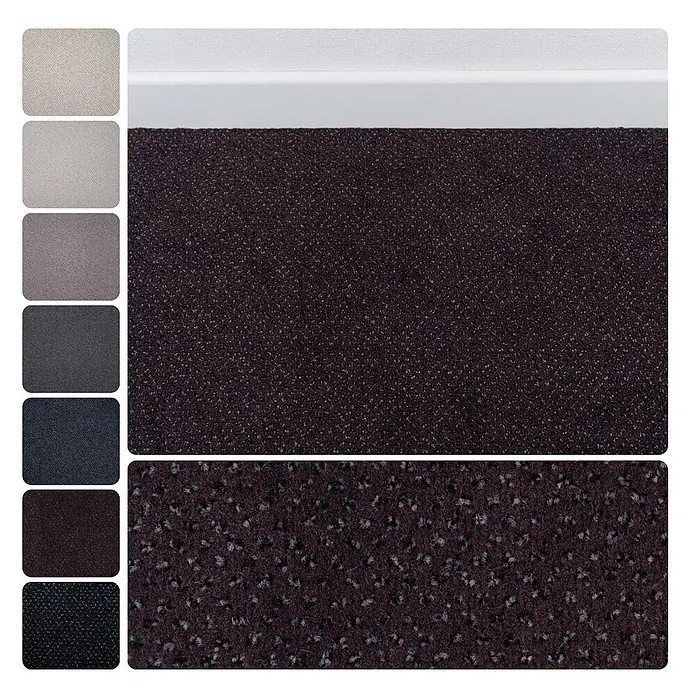 Bricoflor Teppichboden Meterware 8,5x4m, Velours gemustert, anthrazit violett - Velours, 100 % Polyamid (PA), anthrazit violett - Dunkelbraune gesprenkelte Teppichprobe mit Detailansicht der Textur und passenden Stofffarbfeldern.