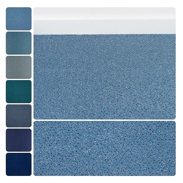 Bricoflor Teppichboden Meterware 5x4m, Velours gemustert, hell-blau - Velours, 100 % Polyamid (PA), hell-blau - Texturierter blauer Stoffmuster mit gesprenkeltem Muster, daneben verschiedene Blau- und Grüntöne als Farboptionen.