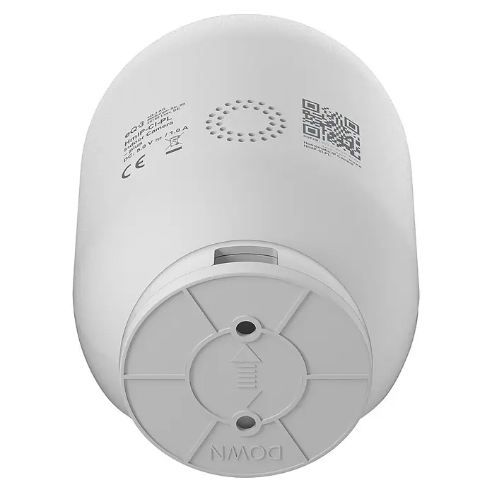 Homematic IP Innenkamera Smart Home HmIP-CI-PL - Weiß - Weiße Homematic IP Innenkamera, von unten gesehen, mit Produktdetails, QR-Code und abnehmbarem Sockel mit Montagepfeil.