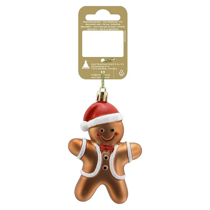 Geroma Christbaumschmuck Lebkuchenmann - Braun, Rot, Weiß, Kunststoff, 1 Stk., 7 x 3 x 10 cm - Glänzender Lebkuchenmann-Weihnachtsanhänger mit roter Weihnachtsmütze und Fliege, weißem Glitzerzuckerguss.