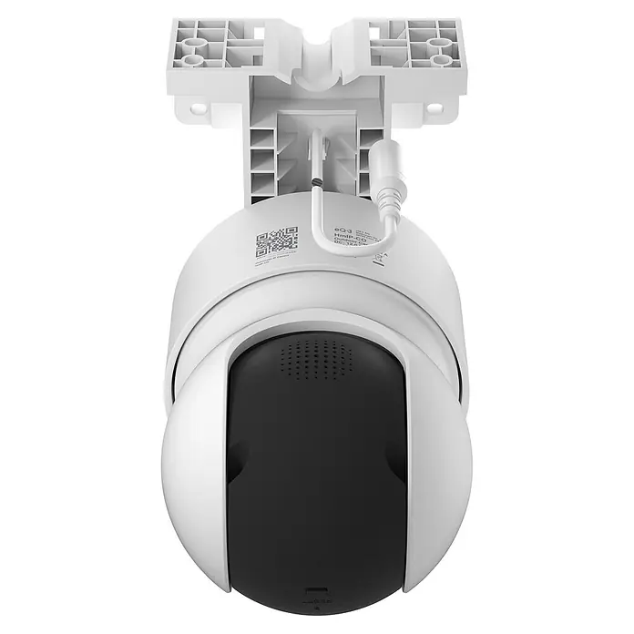 Homematic IP Außenkamera Smart Home HmIP-CO - Weiß - Weiße Outdoor-IP-Kamera mit schwarzer Linse, von unten mit Montagehalterung und Kabelanschlüssen.