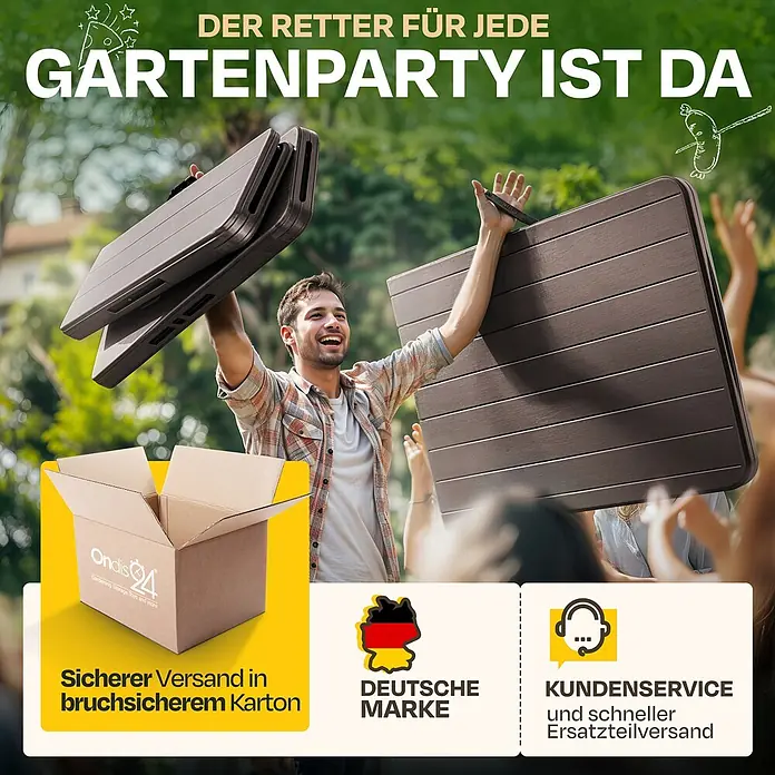 Ondis24 Gartentisch-Set - Gesamtumfang: 5 -tlg., L x B x H: 180 x 126 x 73 cm, Kunstsoff, Klappbar - Mann hält freudig zwei dunkelbraune klappbare Outdoor-Tische auf einer Gartenparty hoch.