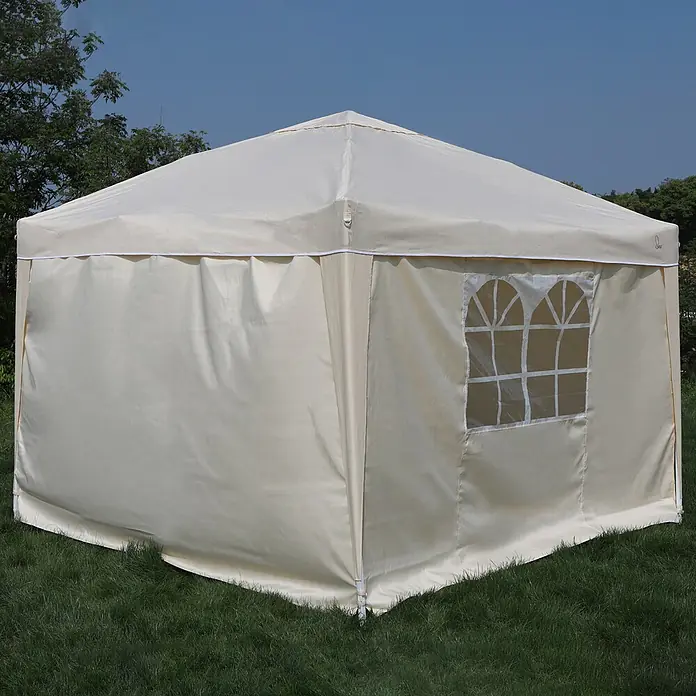 SVITA Steckpavillon PAGO - B x T: 300 x 300 cm, Farbe Dach: Beige - Cremefarbenes Outdoor-Pavillon. Es hat Seitenwände, eine mit gewölbten Klarsichtfenstern.