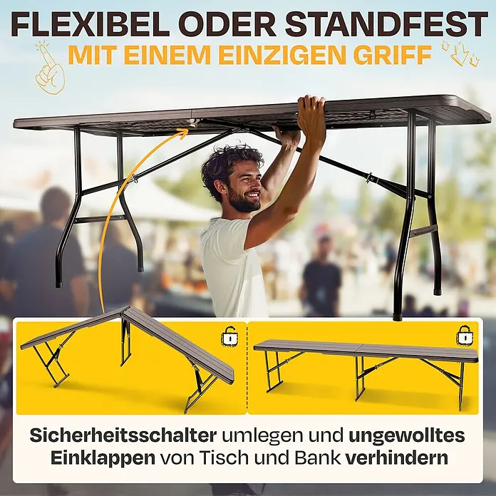 Ondis24 Gartentisch-Set - Gesamtumfang: 5 -tlg., L x B x H: 180 x 126 x 73 cm, Kunstsoff, Klappbar - Mann richtet eine braune Klapptisch/Bank ein, deren Sicherheitsschalter ein unbeabsichtigtes Einklappen verhindert.