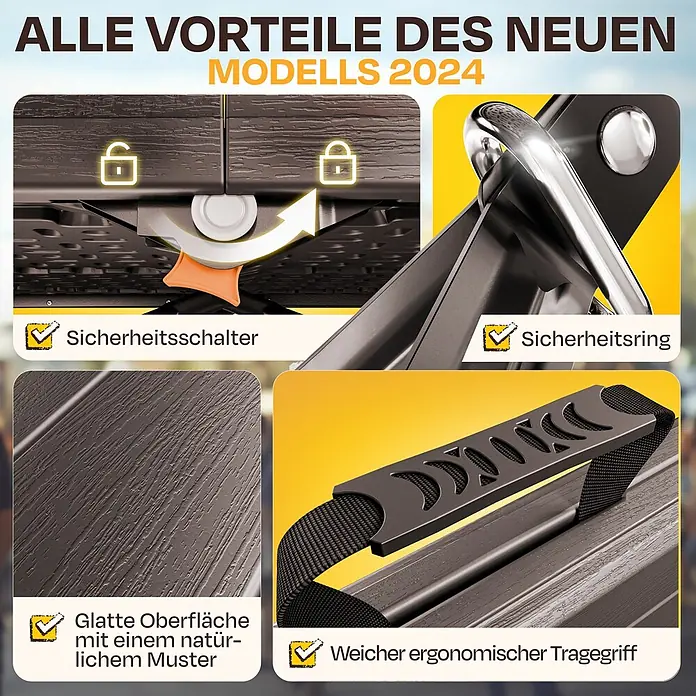 Ondis24 Gartentisch-Set - Gesamtumfang: 5 -tlg., L x B x H: 180 x 126 x 73 cm, Kunstsoff, Klappbar - Braunes, strukturiertes Produkt mit Sicherheitsschalter, Sicherheitsring, natürlicher Oberfläche und ergonomischem Tragegriff.