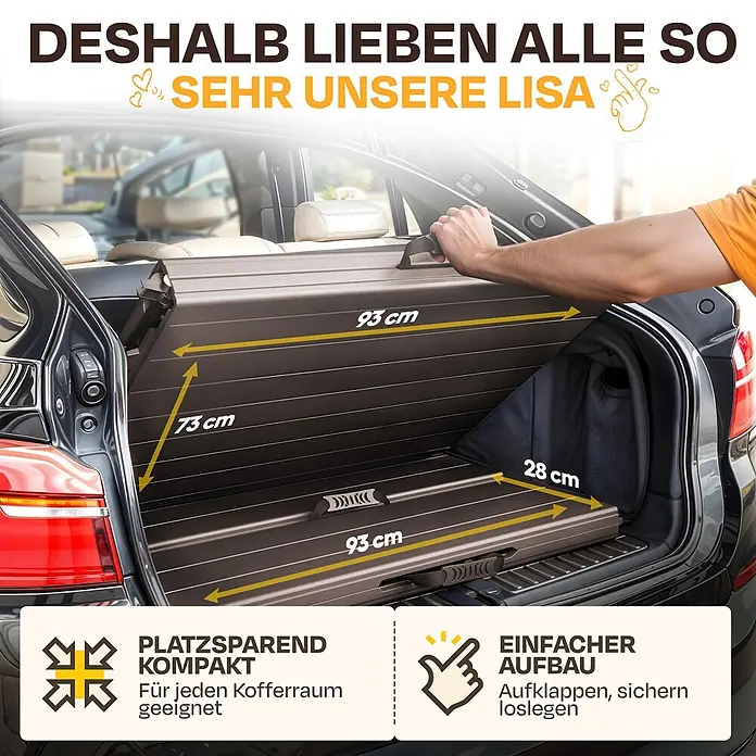 Ondis24 Gartentisch-Set - Gesamtumfang: 5 -tlg., L x B x H: 180 x 126 x 73 cm, Kunstsoff, Klappbar - Braune, lamellierte, faltbare Kofferraumablage in einem Auto gezeigt, mit Abmessungen und kompakter Bauweise.