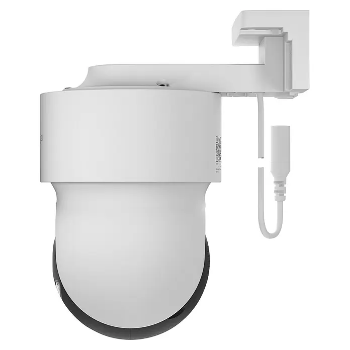 Homematic IP Außenkamera Smart Home HmIP-CO - Weiß - Weiße Überwachungskamera mit dunkler Basis, an einer weißen Halterung montiert, mit einem weißen Kabel.