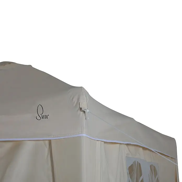 SVITA Steckpavillon PAGO - B x T: 300 x 300 cm, Farbe Dach: Beige - Beiges Pavillon-Dach mit „Svita“-Logo und Befestigungsdetails.