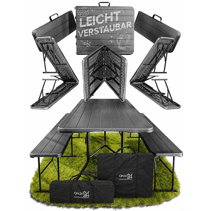 Ondis24 Gartentisch-Set - Gesamtumfang: 5 -tlg., L x B x H: 180 x 126 x 73 cm, Kunstsoff, Klappbar - Dunkelgraue, klappbare Picknickgarnitur, montiert, zusammengeklappt und in schwarzen Tragetaschen, betont die leichte Verstaubarkeit.