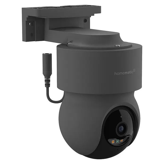 Homematic IP Außenkamera Smart Home HmIP-CO - Anthrazit - Dunkelgraue Homematic IP Schwenk-Neige-Überwachungskamera mit Wandhalterung und externer Antenne.