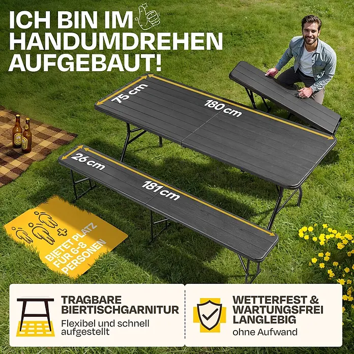 Ondis24 Gartentisch-Set - Gesamtumfang: 5 -tlg., L x B x H: 180 x 126 x 73 cm, Kunstsoff, Klappbar - Dunkelgraue klappbare Biergartengarnitur (Tisch, 2 Bänke) für 6-8 Personen, im Freien aufgestellt.