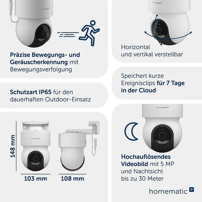 Homematic IP Außenkamera Smart Home HmIP-CO - Weiß - Weiße Homematic IP Outdoor-Überwachungskamera mit Schwenk-/Neigefunktion, 5 MP Auflösung, Nachtsicht und Bewegungs-/Geräuscherkennung.