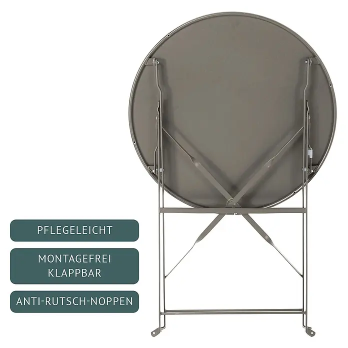 SVITA Balkonmöbel-Set BERLIN - 3 -tlg., Klappbar, Taupe - Geklappter runder, taupefarbener Metalltisch mit Klappmechanismus. Textfelder: „PFLEGELEICHT“, „MONTAGEFREI KLAPPBAR“, „ANTI-RUTSCH-NOPPEN“.