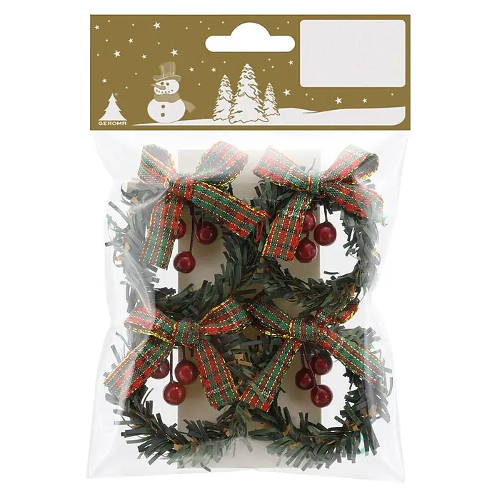 Geroma Dekoartikel - Grün, Polyester, 4 Stk. - Vier kleine Weihnachtskränze mit grünem Laub, roten Beeren und karierten Schleifen (rot, grün, gold), in Klarsichtplastik verpackt.