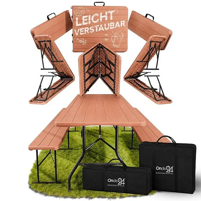 Ondis24 Balkonmöbel-Set -  - Braunes klappbares Picknicktisch- und Bank-Set, aufgebaut und in schwarzen Tragetaschen verpackt zur einfachen Lagerung.