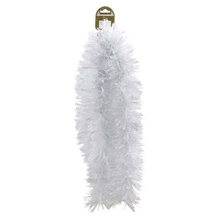 Weihnachtsgirlande Sternchen - Länge: 200 cm, Kunststoff - Weißes, flauschiges Lametta-Girlande, 2 Meter lang, mit goldenem Anhänger.