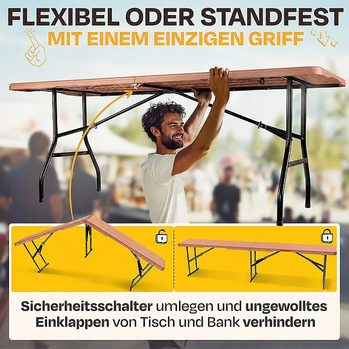 Ondis24 Balkonmöbel-Set -  - Mann klappt braunen Klapptisch mit schwarzem Gestell auf. Sicherheitsschalter verhindert ungewolltes Einklappen.