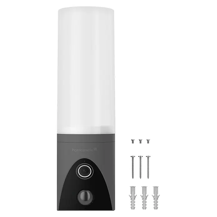 Homematic IP Außenkamera Außenlichtkamera Smart Home HmIP-COL - Anthrazit, Erfassungsreichweite: 120 m - Grau-weißes Homematic IP Smart-Außenlicht mit integriertem Sensor und Kamera, inklusive Befestigungsschrauben und Dübeln.